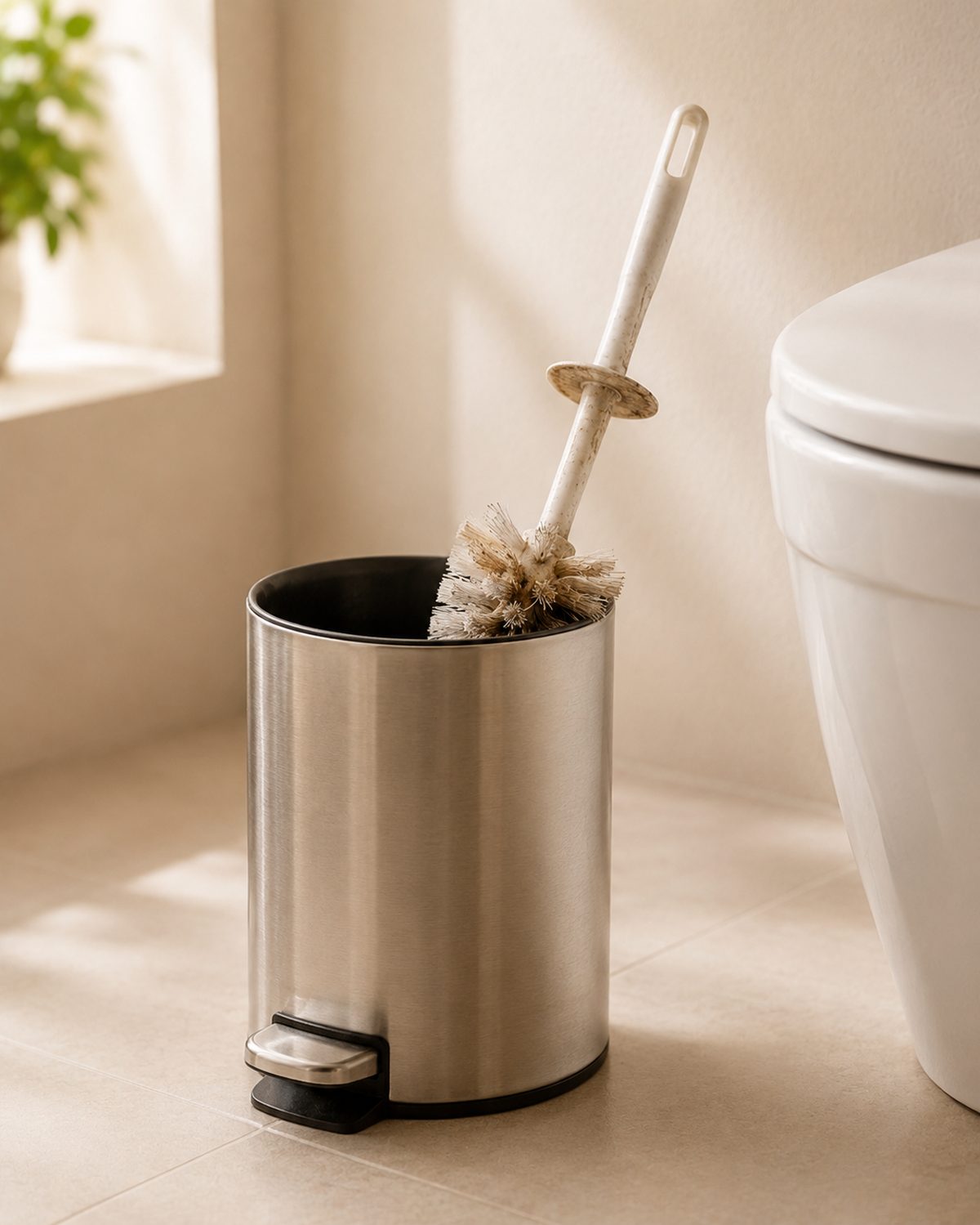 An old plastic toilet brush dumped head-first into a small bathroom trash can