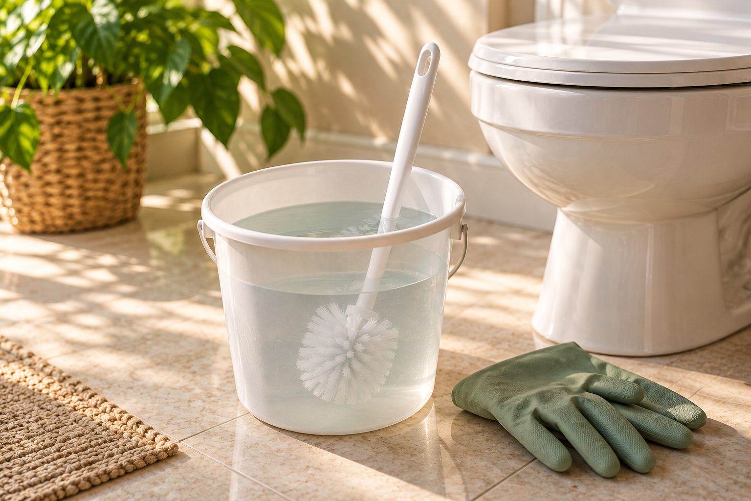 A white toilet brush soaking in a clear bucket of water on a bathroom floor, with green rubber gloves beside it