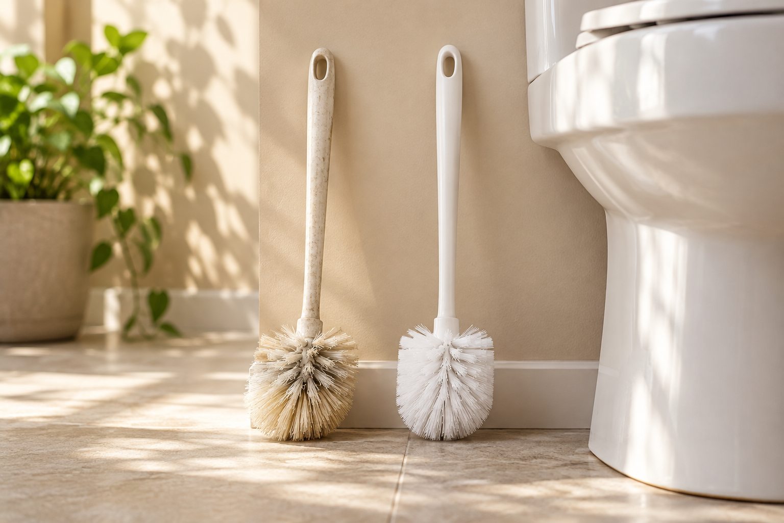 A worn, discolored toilet brush beside a new white one, leaning against a sunlit bathroom wall